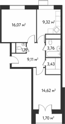 Двухкомнатная квартира 59.4 м²