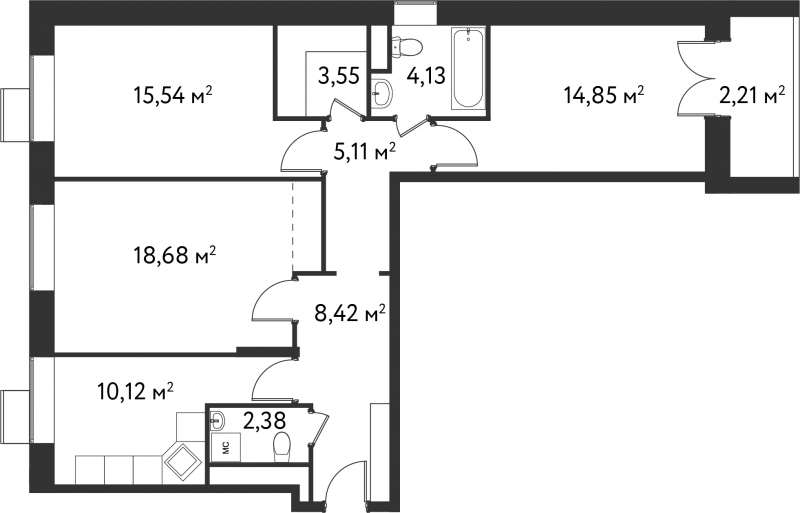 Трёхкомнатная квартира 84.99 м²