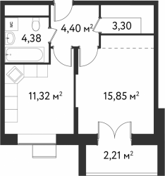 Однокомнатная квартира 41.46 м²