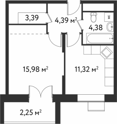 Однокомнатная квартира 41.71 м²