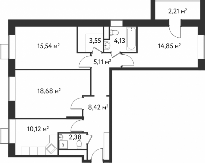 Трёхкомнатная квартира 84.9 м²